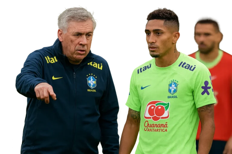 Ancelotti altera esquema da Seleção e escala Raphinha como falso 9 em testes