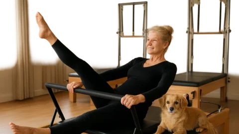 Aos 63 anos, Xuxa exibe flexibilidade e boa forma em sessão de pilates ao lado da cadelinha Doralice