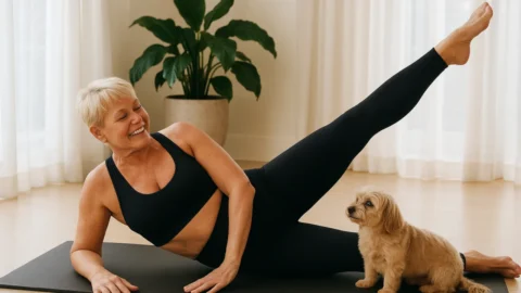 Aos 63 anos, Xuxa mostra flexibilidade e boa forma em pilates ao lado da cadelinha Doralice
