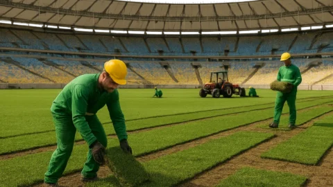 Gramado do Maracanã recebe reforço antes do jogo da NFL entre Cowboys e Ravens
