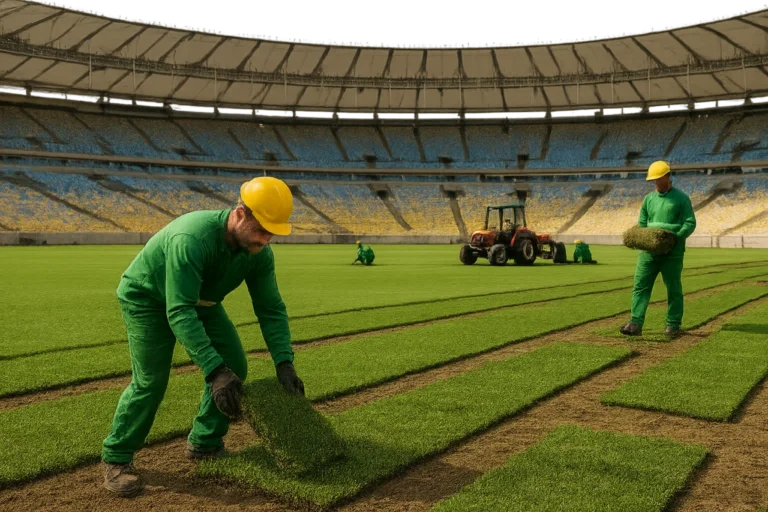 Gramado do Maracanã recebe reforço antes do jogo da NFL entre Cowboys e Ravens