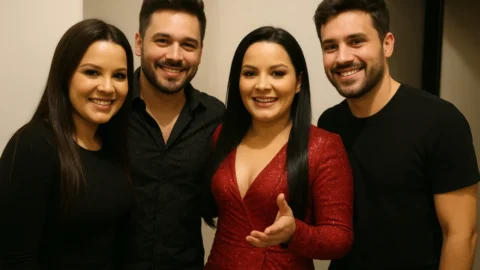 Maiara e Maraisa posam com os namorados nos bastidores após show; Maiara se declara a Felipe Cavalliere