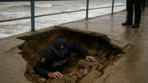 Vídeo: agente da GCM é engolido após calçada ceder na orla de Praia Grande (SP)