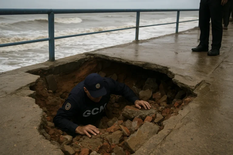 Vídeo: agente da GCM é engolido após calçada ceder na orla de Praia Grande (SP)