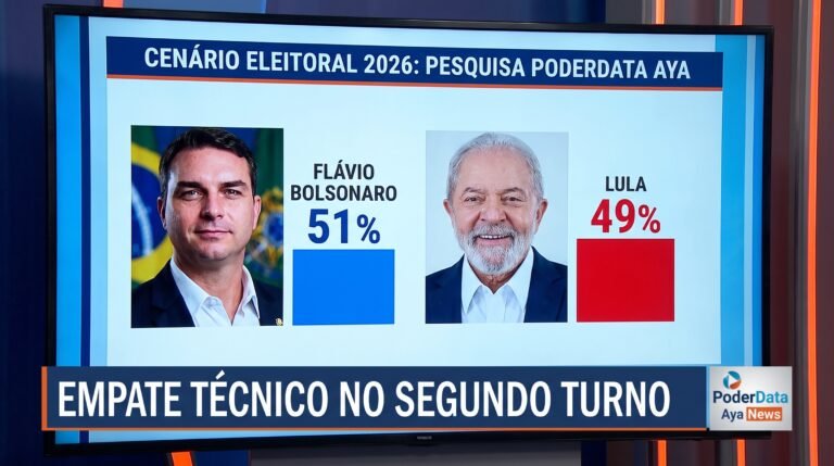 Cenário eleitoral 2026 PoderData Aya indica Flávio Bolsonaro com 51% e Lula com 49% em empate técnico emocionante no segundo turno