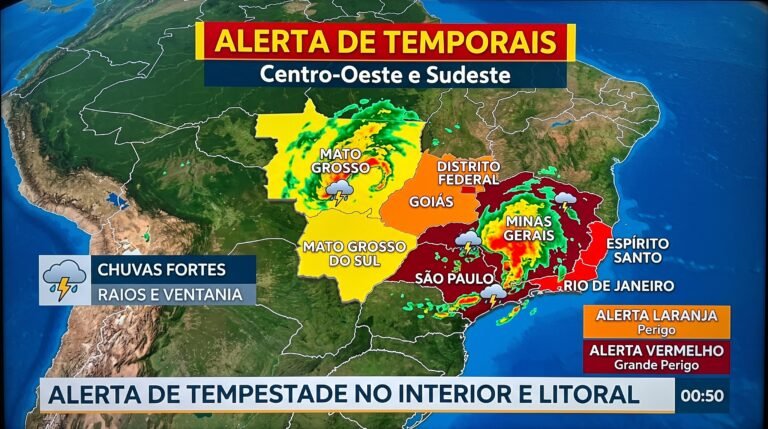 Centro-Oeste e Sudeste do país com alertas de tempestades e perigo emitidos pelo Inmet