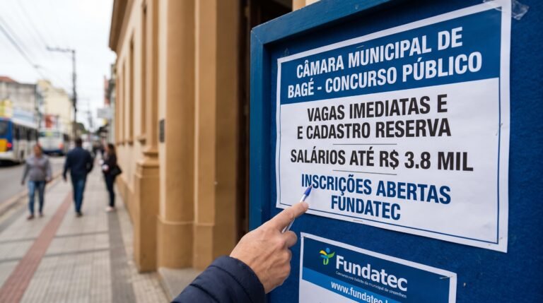Concurso Câmara de Bagé RS abre vagas com salários de até R$ 3,8 mil e inscrições pela Fundatec para diversos níveis de escolaridade no Rio Grande do Sul