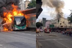 Ônibus do Move pega fogo no Centro de Belo Horizonte, mobiliza o Corpo de Bombeiros e assusta passageiros nesta terça-feira (13)