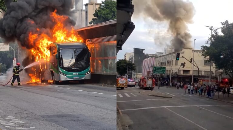 Ônibus do Move pega fogo no Centro de Belo Horizonte, mobiliza o Corpo de Bombeiros e assusta passageiros nesta terça-feira (13)