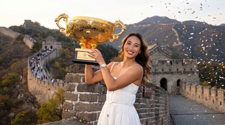 Qinwen Zheng exibe troféu histórico do WTA 1000 de Pequim na Grande Muralha da China após campanha espetacular e salto no ranking mundial