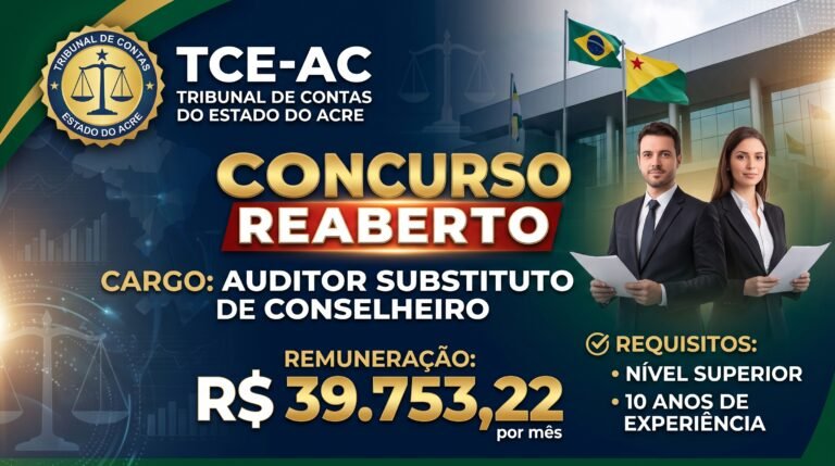 TCE AC reabre concurso para Auditor Conselheiro Substituto com ganhos de R$ 39.753,22 e exigência de nível superior e 10 anos de experiência