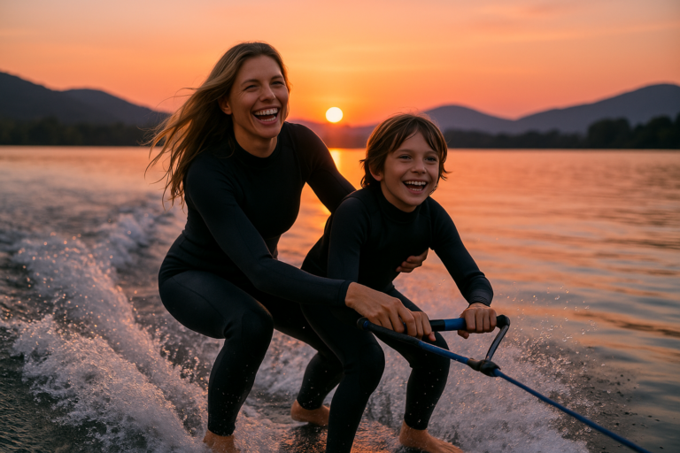 fernanda lima se diverte com o filho João em Milão praticando wakeboard, pôr do sol e água espirrando.