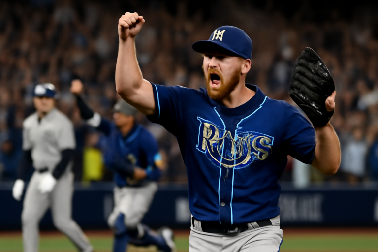 Capa horizontal 16:9 destacando atuação histórica drew rasmussen e a vitória das Rays sobre os Yankees nos playoffs.