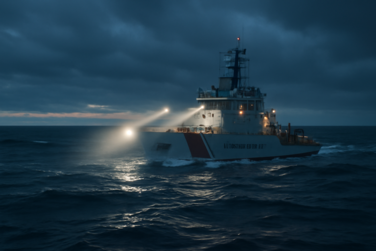 guarda costeira estados unidos: navio de resgate em mar revolto ao amanhecer, com holofotes varrendo a superfície escura.