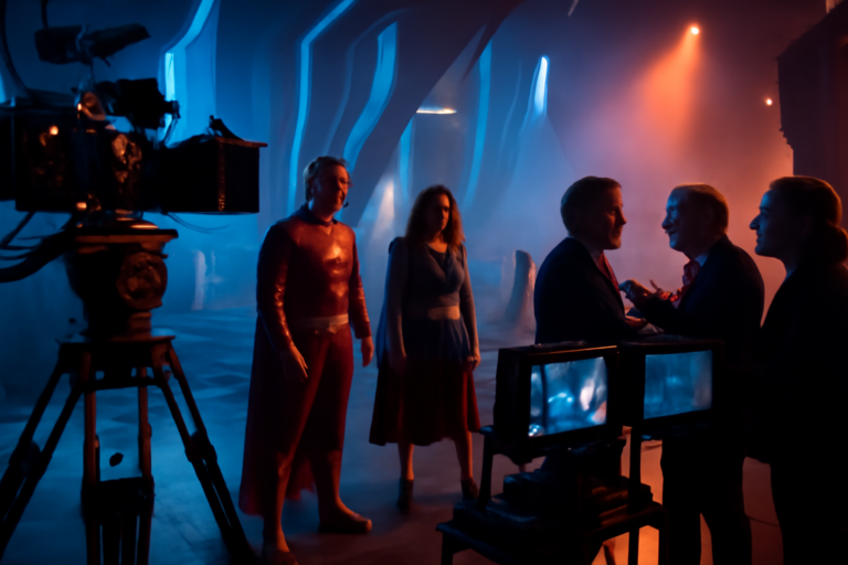 Bastidores de set de filmagem em Hollywood com executivos discutindo; david ellison apoia plano