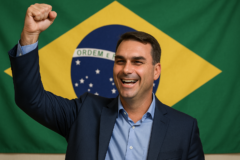 Capa 16:9 sem textos: eleições presidenciais 2026 flávio, indicando avanço no primeiro turno e fim da era do PT.