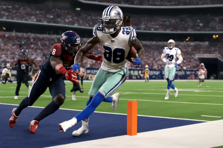 Capa horizontal 16:9 sem textos escritos, retratando atuação histórica ceedee lamb com 17 recepções e TD decisivo para o Cowboys vencer o Texans