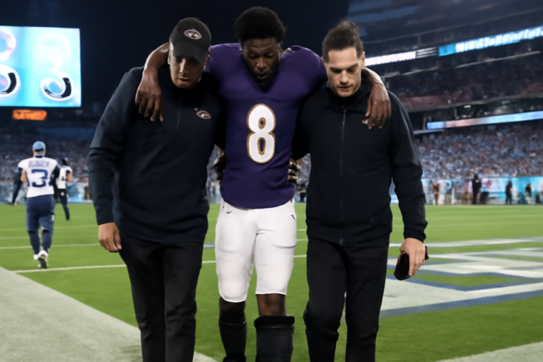 lamar jackson sofre lesão: Lamar Jackson com bota ortopédica no estádio após vitória dos Ravens sobre os Titans