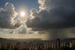 previsão tempo hoje belo — capa para Belo Horizonte com sol, nuvens e pancadas de chuva à tarde e à noite.