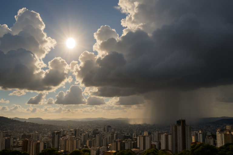 previsão tempo hoje belo — capa para Belo Horizonte com sol, nuvens e pancadas de chuva à tarde e à noite.