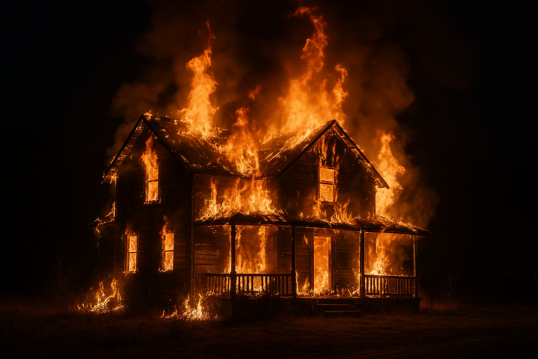 casa em chamas durante a noite; homem morre carbonizado após incêndio em Belo Horizonte visto de meia distância