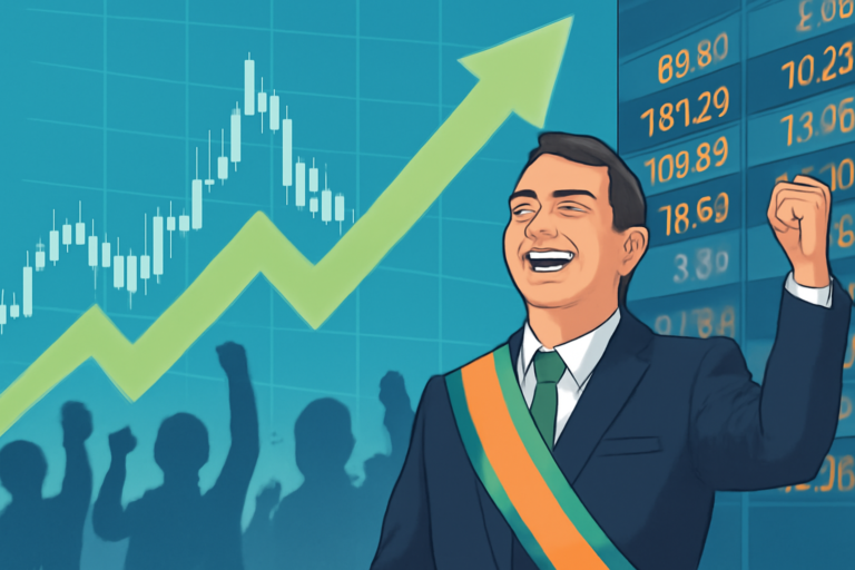 Capa horizontal 16:9 sem textos, representa lideranca flavio bolsonaro primeiro e o Ibovespa em alta em Tóquio