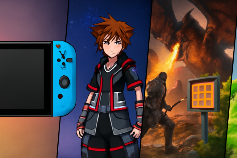 lançamentos imperdíveis nintendo switch: capa 16:9, sem textos escritos, com referências a Kingdom Hearts e Dragon’s Dogma 2
