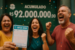 Capa horizontal 16:9 ilustrando mega sena 3066 faz apostadores do Pará comemorando a quadra, com o prêmio chegando a 92 milhões.