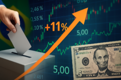 Capa com elementos financeiros sugerindo mercado reage após primeiro, com ações em alta e dólar a R$5.