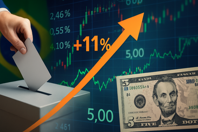 Capa com elementos financeiros sugerindo mercado reage após primeiro, com ações em alta e dólar a R$5.
