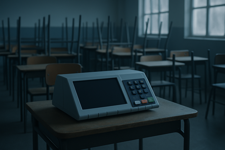 Plano médio: urna eletrônica desligada sobre mesa escolar, sala vazia — abstenção recorde.
