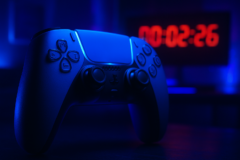 PlayStation Plus: close-up de DualSense com brilho azul, relógio com contagem regressiva ao fundo