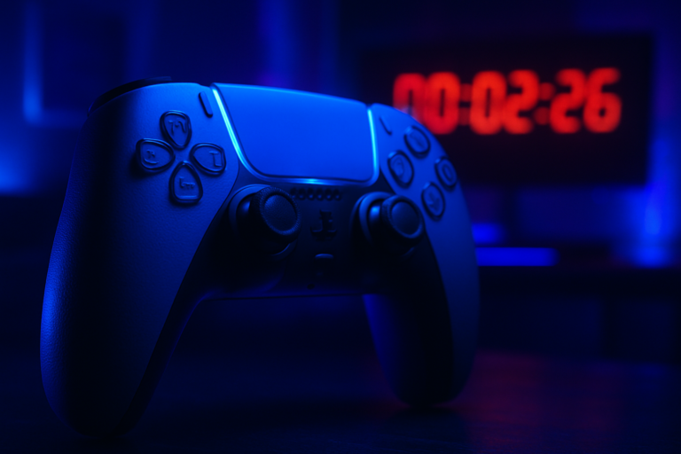 PlayStation Plus: close-up de DualSense com brilho azul, relógio com contagem regressiva ao fundo