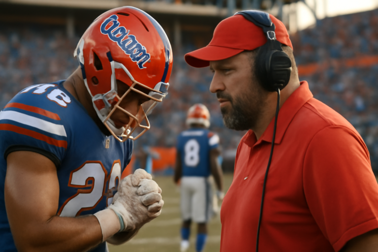 Cena de capa com bastidores futebol americano running: Running Back Baugh pede desculpas ao técnico Sumrall