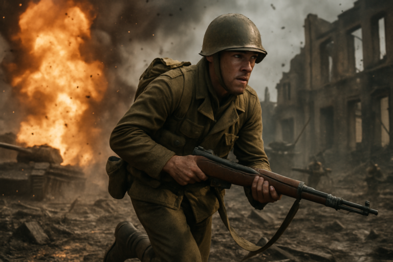 Capa horizontal 16:9 para novo filme guerra netflix: cena de batalha em ambiente sombrio, sem textos
