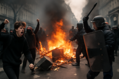 Capa horizontal com protestos estudantis precedentes abalam França, violência nas ruas e tensões políticas.