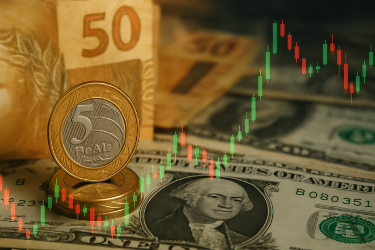 Capa horizontal sem textos, destacando dólar volta superar r e a volatilidade do câmbio no Brasil.