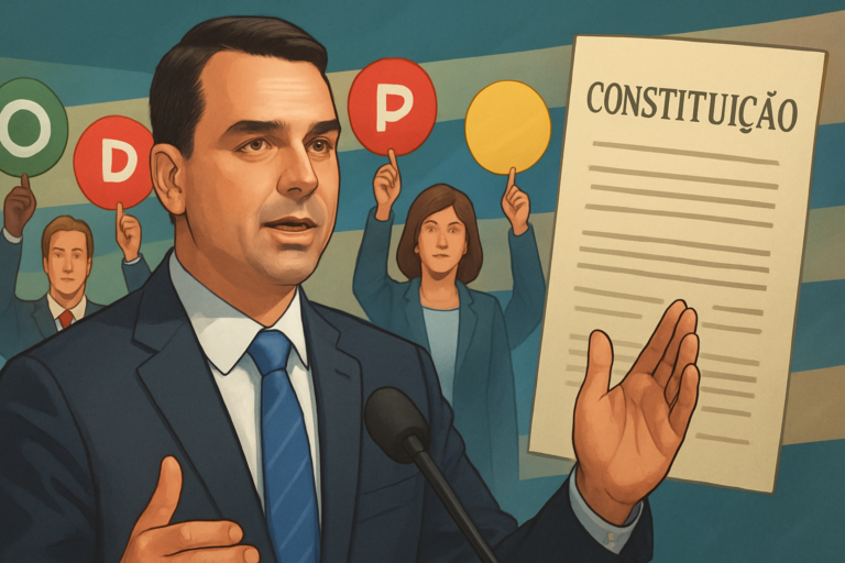 Capa horizontal sem textos escritos, destacando o tema flávio bolsonaro recebe apoio e mudanças constitucionais.