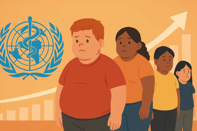 Capa horizontal 16:9 sem textos representa oms lança inédito guia de enfrentamento à obesidade infantil e a preocupação global com milhões de crianças e adolescentes.
