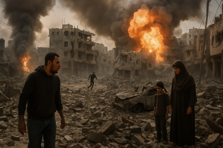 Descrição da capa: guerra gaza completa três, destacando impasse político, bombardeios diários e crise humanitária