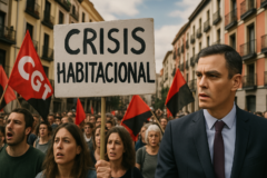 Descrição da capa: crise habitação espanha provoca, retratada com elementos de protesto e eleições.