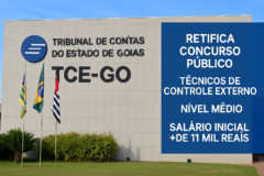 Capa horizontal 16:9 ilustrando tce go retifica concurso para técnicos de controle externo, vagas nível médio sem textos