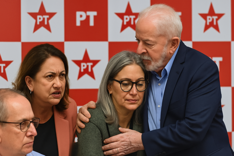 Capa horizontal 16:9 sem textos; primeira dama janja recebe apoio direto do presidente Lula em reunião do PT.