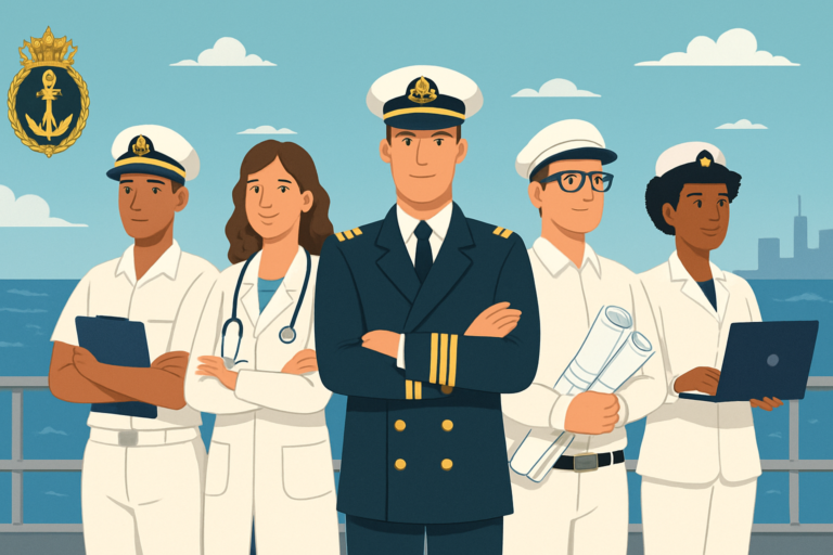 Capa horizontal 16:9, sem textos na imagem, representando o comando 1 distrito naval anunciando vagas para oficiais temporários de nível superior.