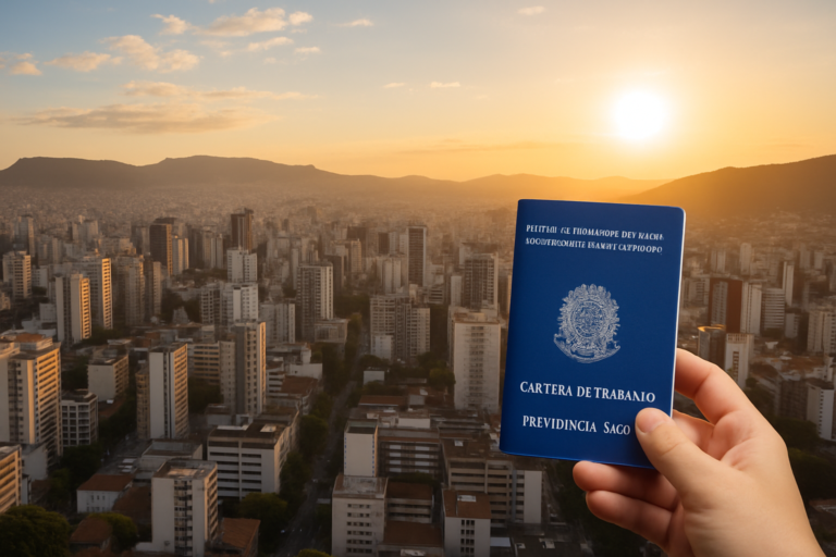 Capa horizontal com cenário urbano de Belo Horizonte, enfatizando belo horizonte tem mais e vagas de emprego