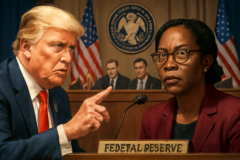 Capa horizontal sem textos retrata donald trump cria comitê para investigar Lisa Cook, gerando crise institucional.