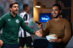 Capa horizontal 16:9 sem textos, retratando como saída brasileiro ex e Abel Ferreira em Portugal, referência Disney+.