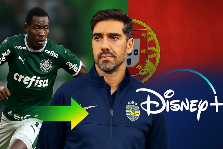 Capa horizontal 16:9 representando como transferência histórica jogador, Abel Ferreira em Portugal e Disney+.