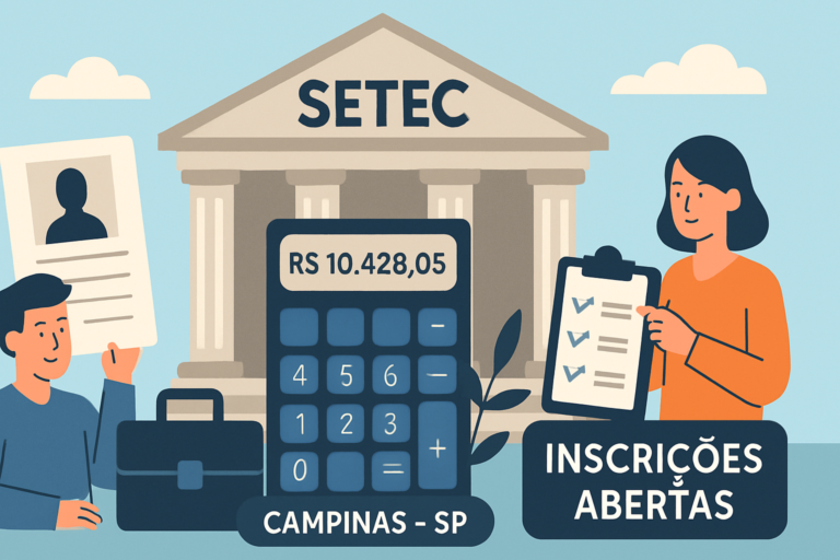 setec campinas sp abre: capa 16:9 sem textos, ilustrando concurso público com salários de até R$ 10.428,05