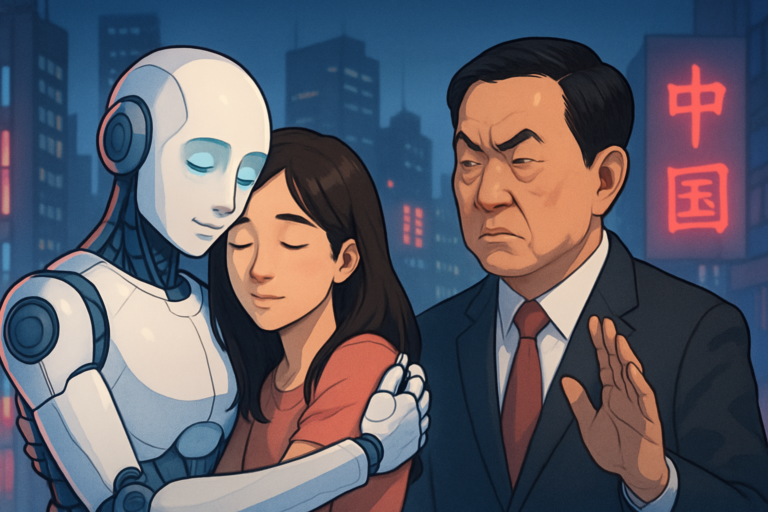 Capa horizontal 16:9 sem textos, mostrando que china considera ameaça IA que imita relações humanas.
